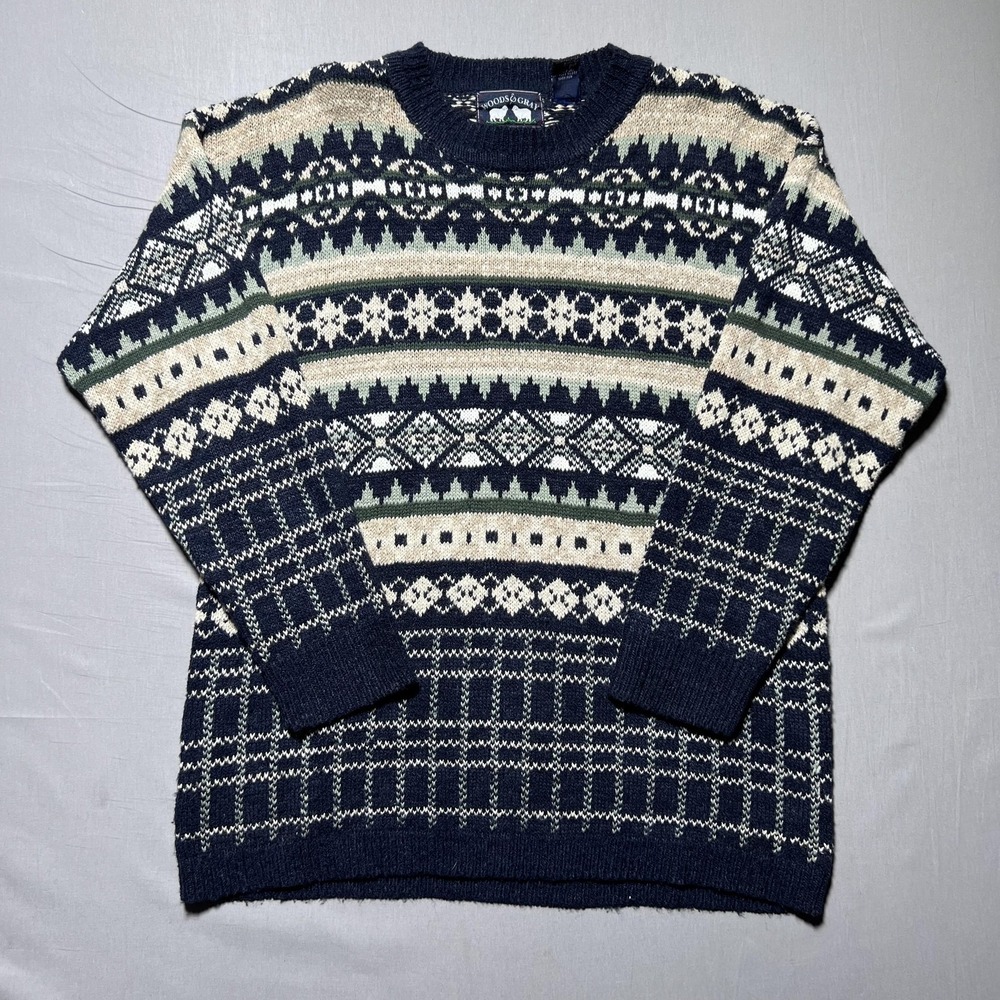 Woods & Gray Sweater Mens‎ M Navy Fair Isle Crewneck Hemp Blend Knit Pullover